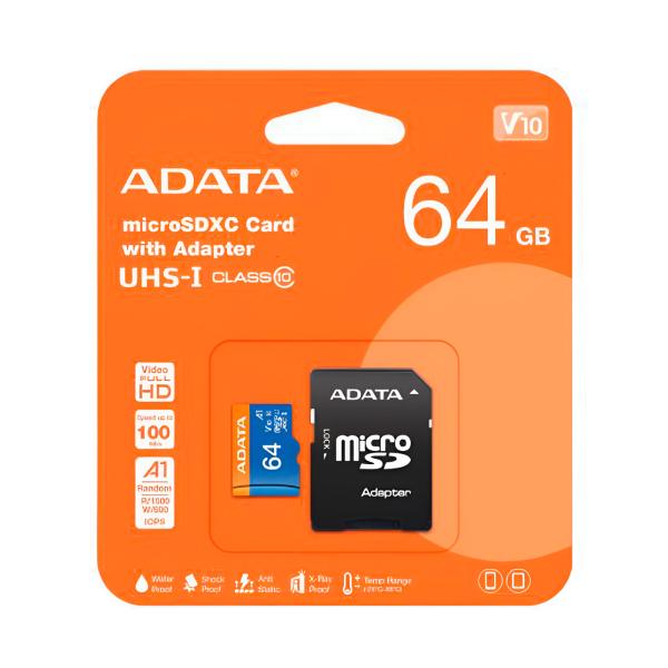 MEMORIA MICRO SD 64GB ADATA AUSDX64GUICL10A1-RA1 CLASE 10 100 MB/S PARA DISPOSITVOS MOVILES, CÁMARAS DIGITALES Y CONSOLA